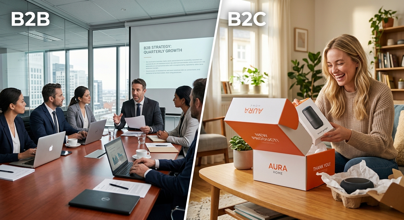 Comparativo mostrando uma reunião de negócios B2B de um lado e um cliente B2C abrindo um produto.
