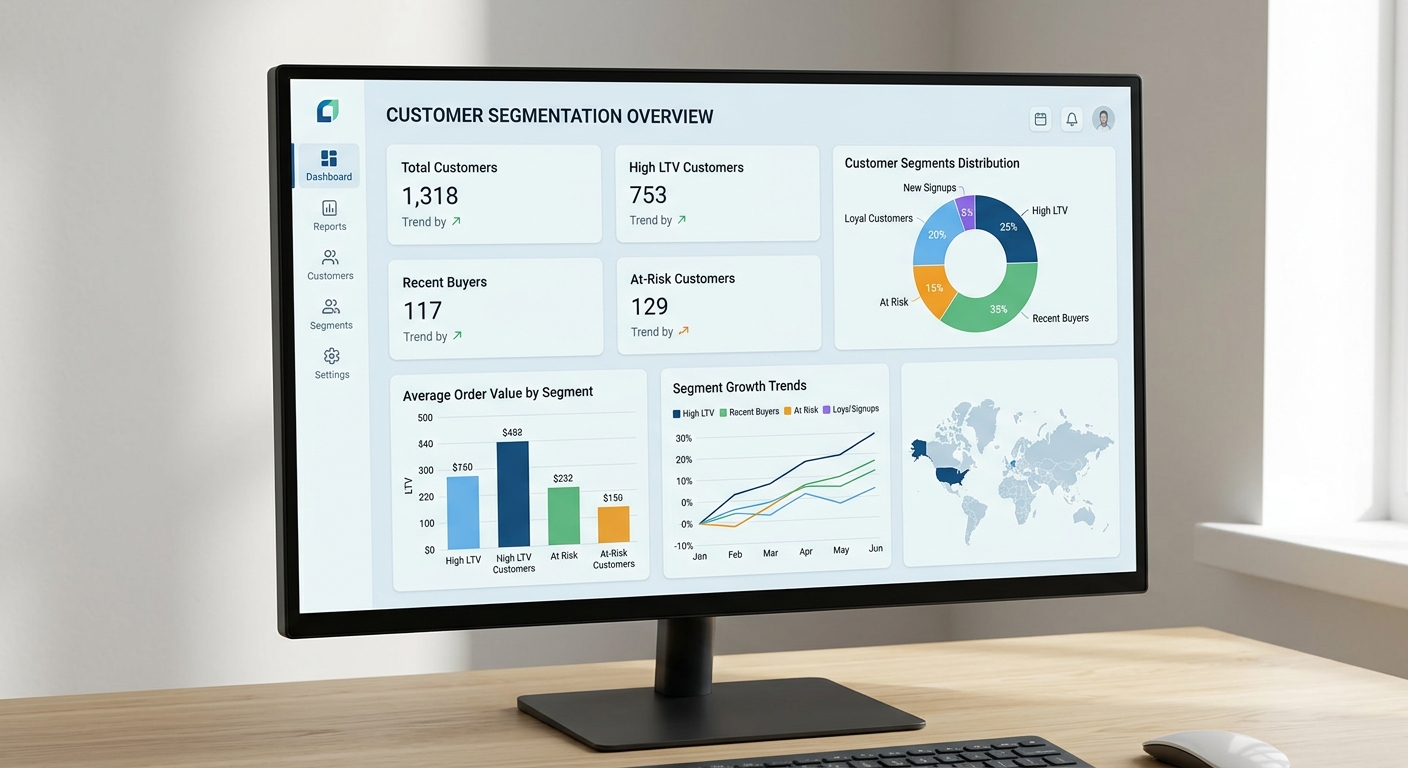 Dashboard de um software de e-commerce exibindo gráficos coloridos de segmentação de clientes.
