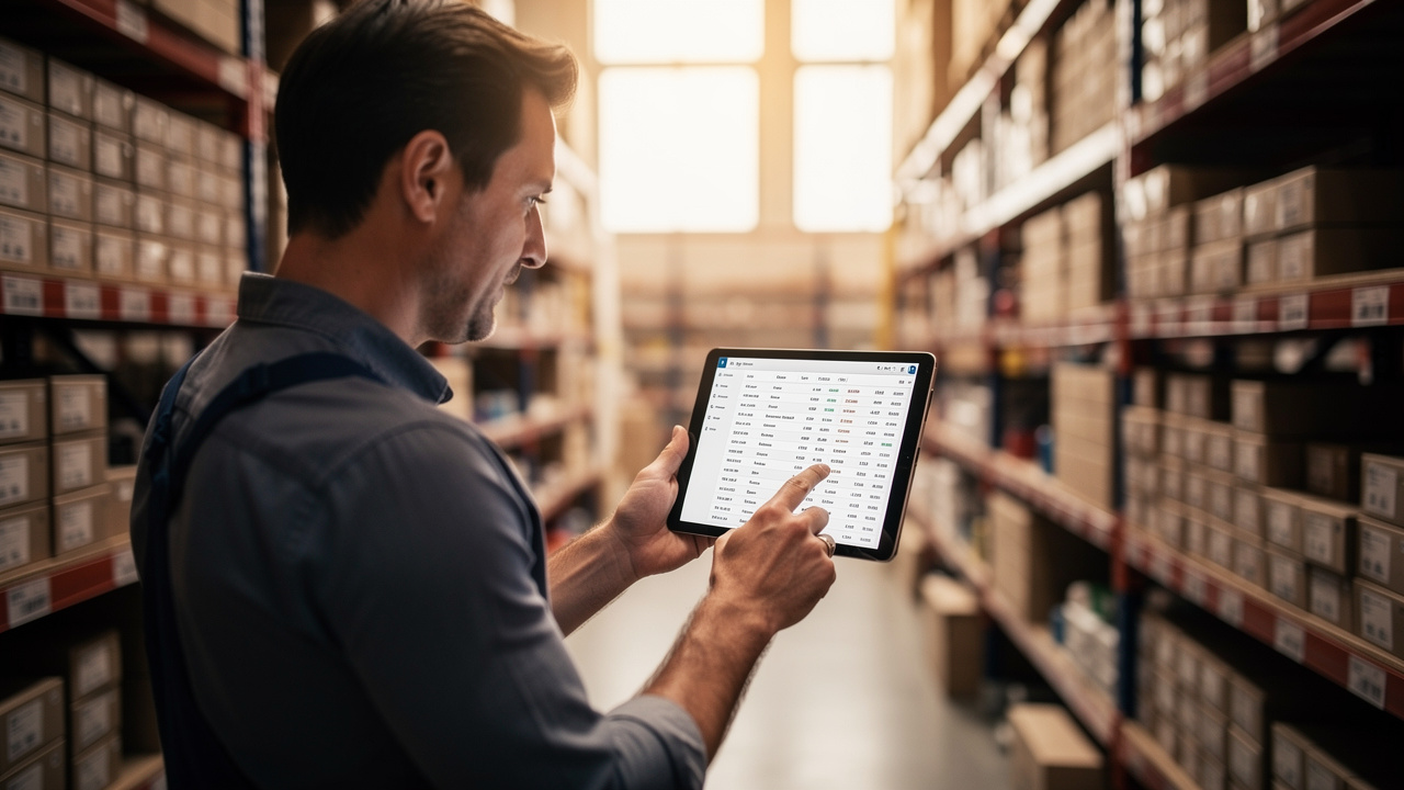 Dono de pequena empresa revisando catálogo de produtos em tablet com prateleiras ao fundo