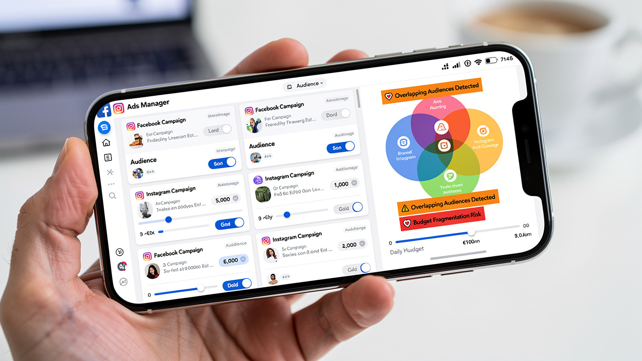 Tela de celular mostrando configurações de campanha no Meta Ads com avisos de fragmentação de público