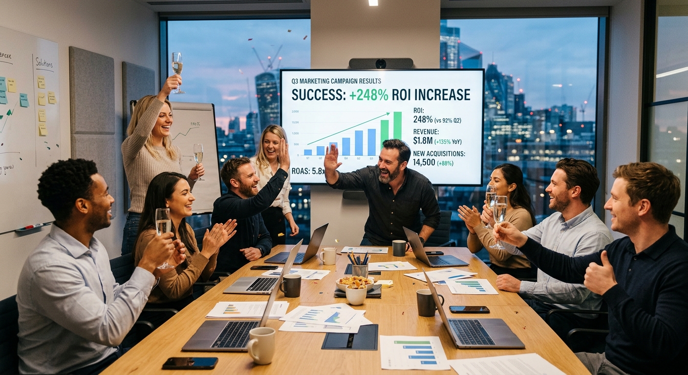 Reunião de equipe de marketing celebrando aumento de ROI com gráficos visíveis