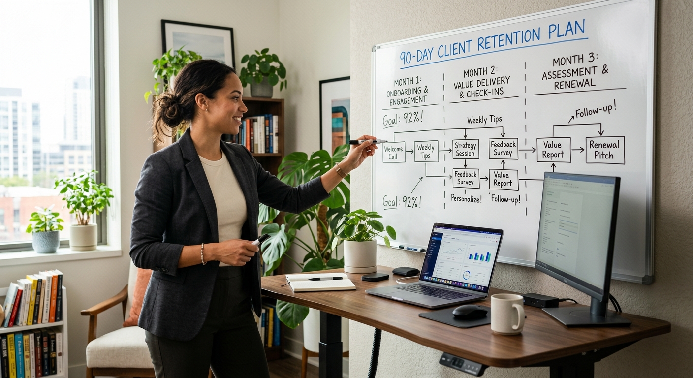 Empreendedor digital planejando ciclo de 90 dias de retenção de clientes em quadro branco