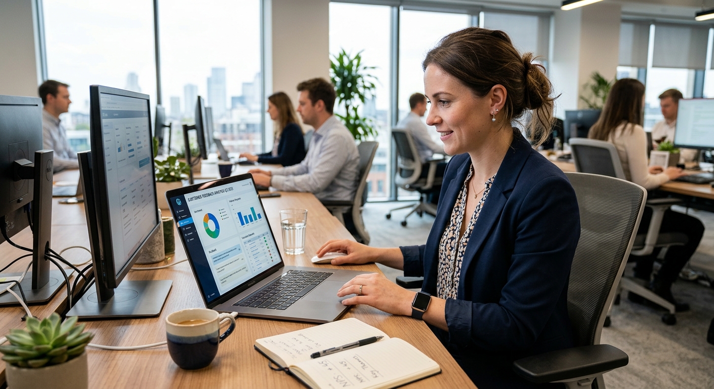 Profissional de marketing analisando dados de feedback de clientes em um laptop, em um ambiente de escritório moderno.