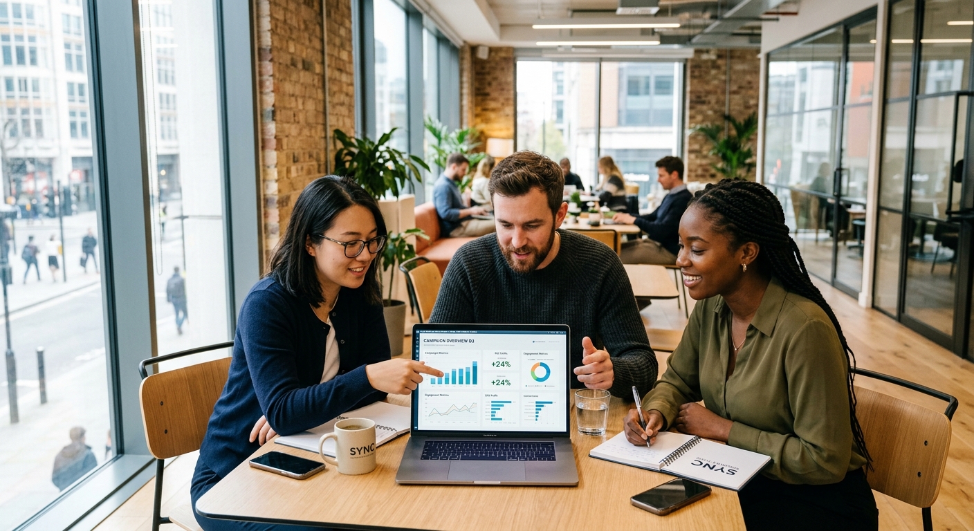 Equipe pequena de agência analisando painel digital em coworking com luz natural