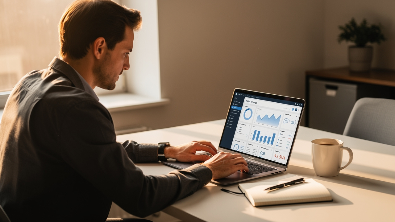 Empreendedor analisando painel de estratégia digital em laptop com luz natural