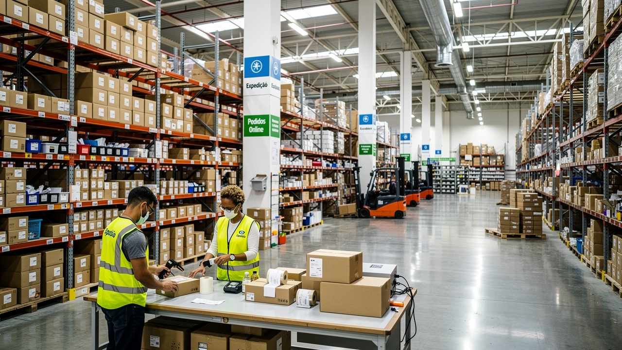 Galpão de e-commerce brasileiro organizado com funcionários separando pedidos sob luz industrial
