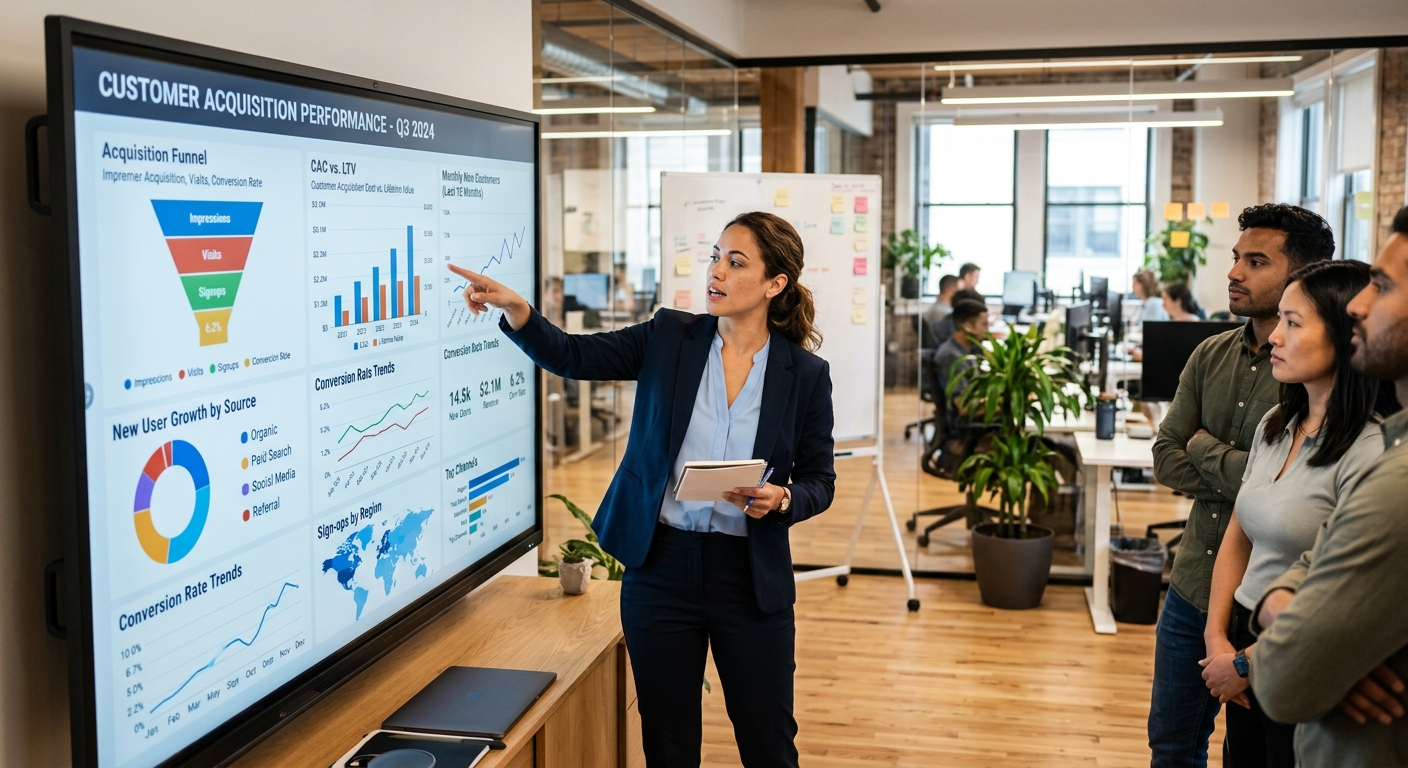 Analista de dados aponta para um painel com gráficos de aquisição de clientes em um escritório moderno.
