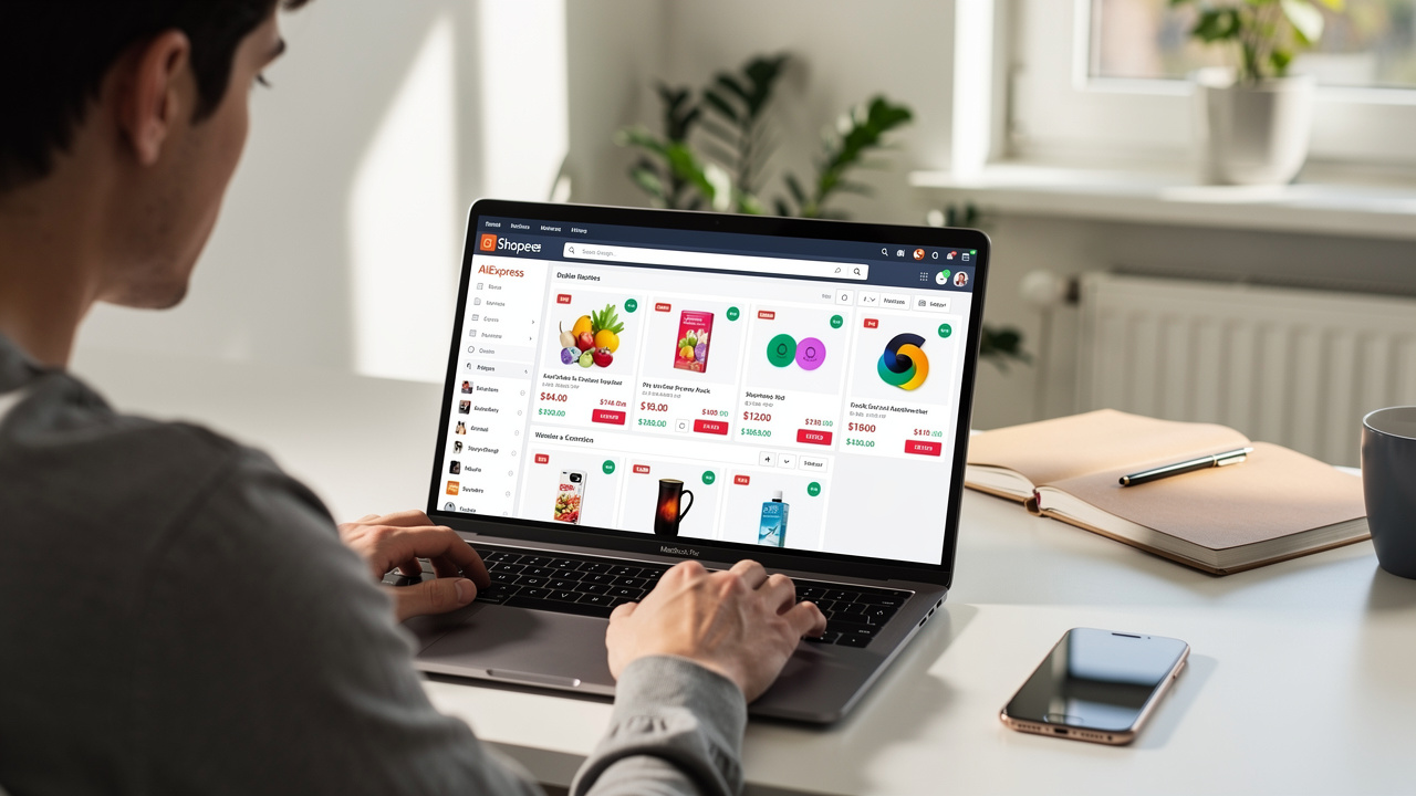 Empreendedor gerenciando painel de loja online com produtos importados no notebook