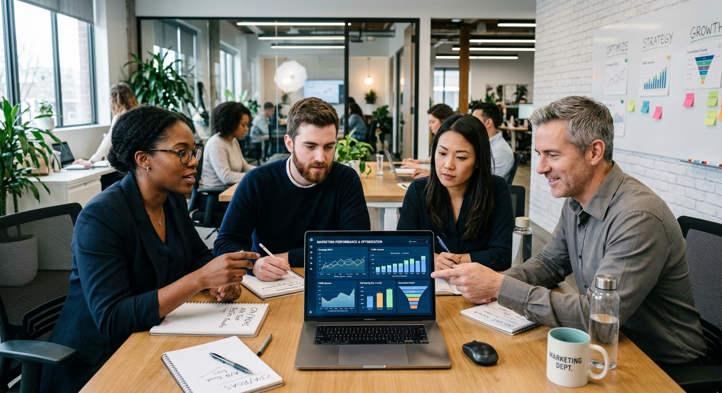 Uma equipe de marketing discutindo estratégias em um escritório moderno