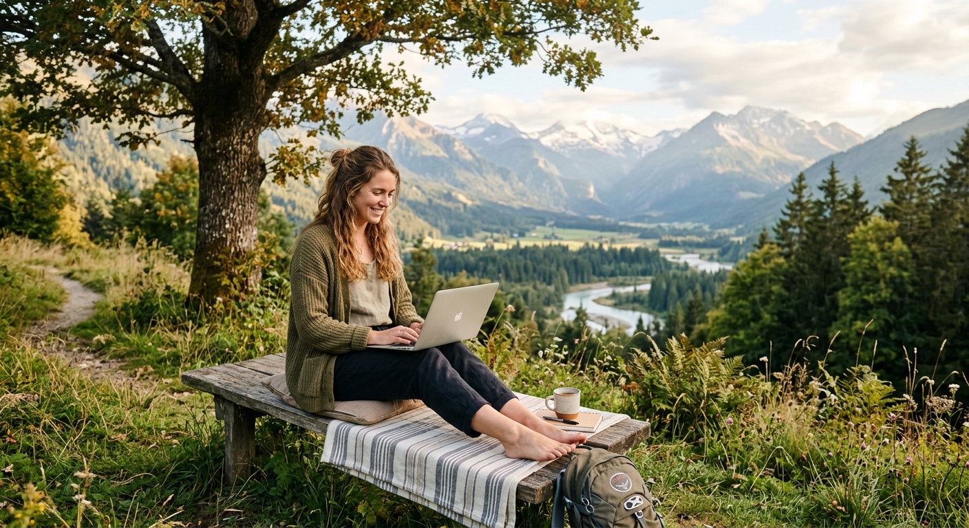 Pessoa trabalhando em laptop ao ar livre, desfrutando da natureza em um ambiente tranquilo.