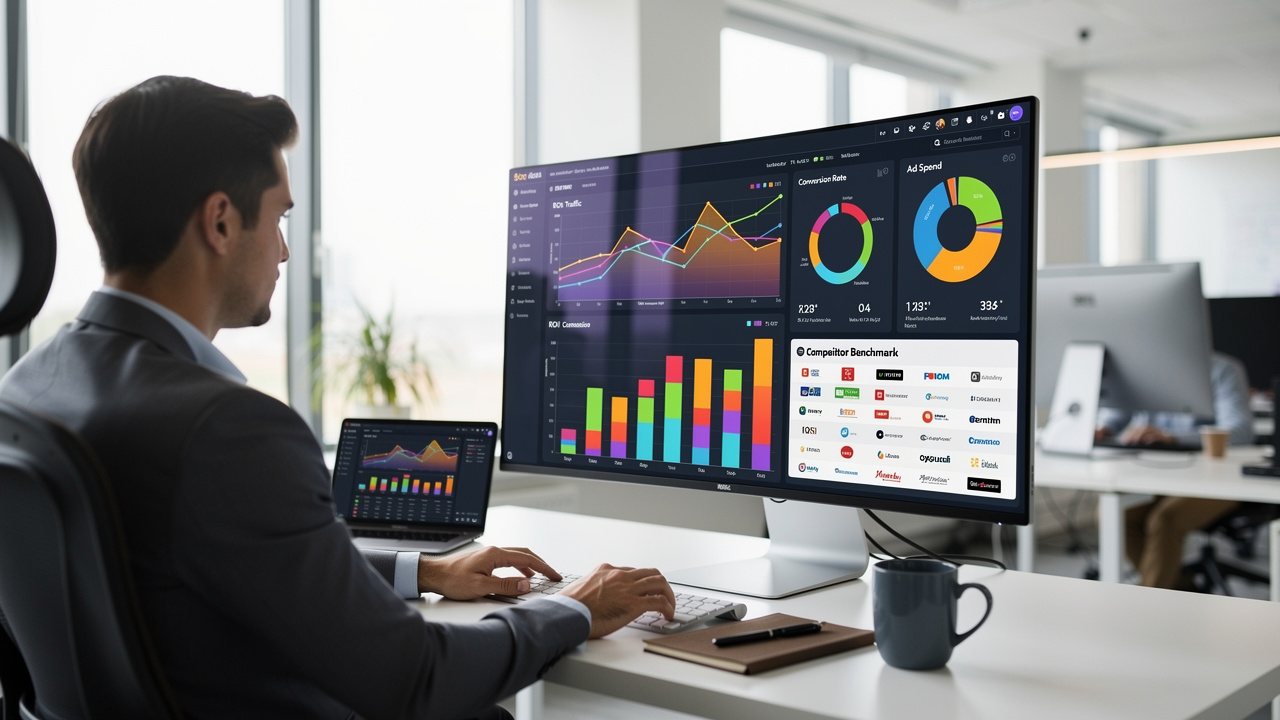 Analista de marketing digital construindo painel de desempenho personalizado com gráficos coloridos em monitor grande