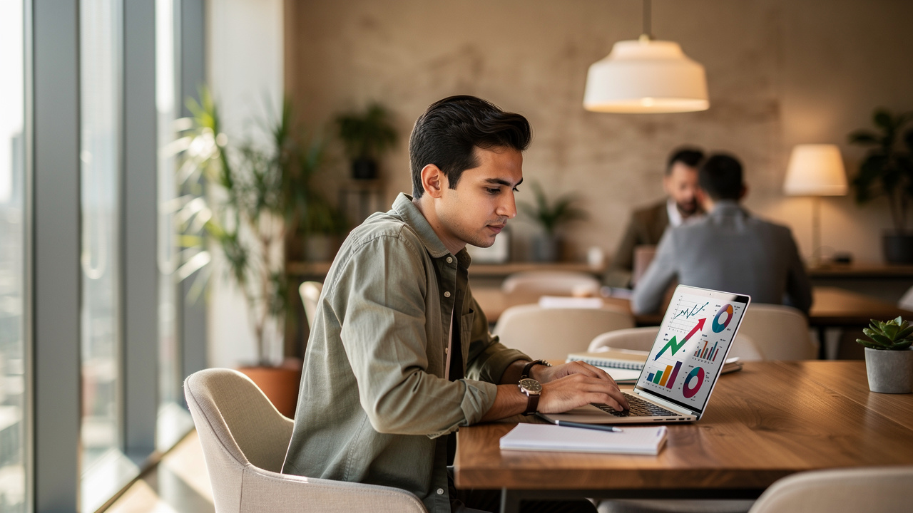 Empreendedor analisando gráficos de crescimento em laptop num espaço de coworking iluminado