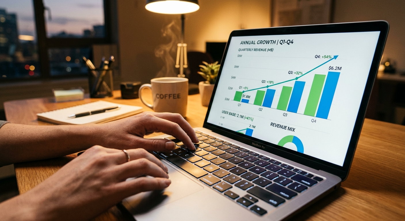 Mãos de uma pessoa digitando em notebook com gráfico de crescimento de negócios na tela.
