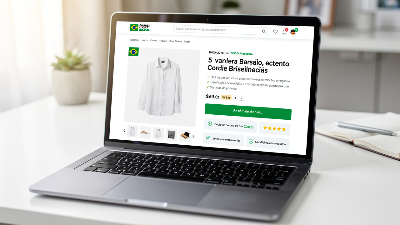Tela de computador mostrando ficha de produto otimizada para SEO em plataforma de e-commerce