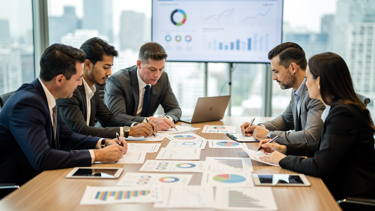 Equipe de marketing analisando relatórios de performance impressos em reunião corporativa