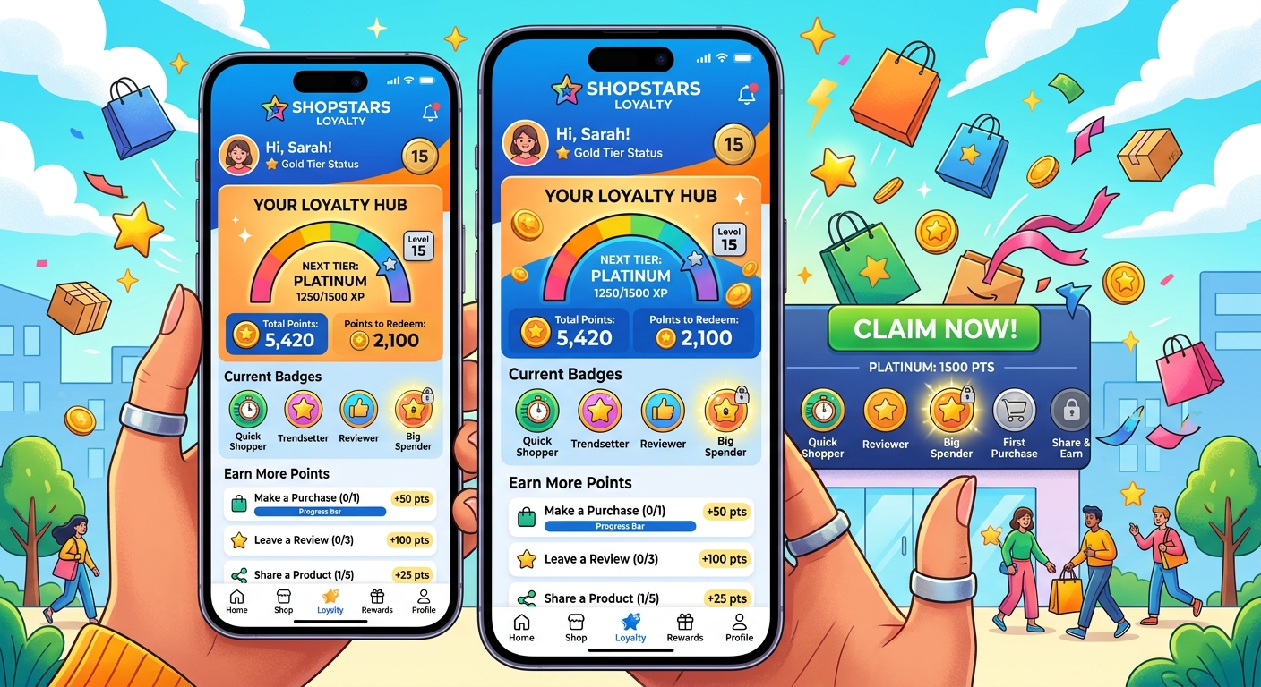 Ilustração de uma tela de celular exibindo um programa de fidelidade gamificado para um aplicativo de e-commerce.