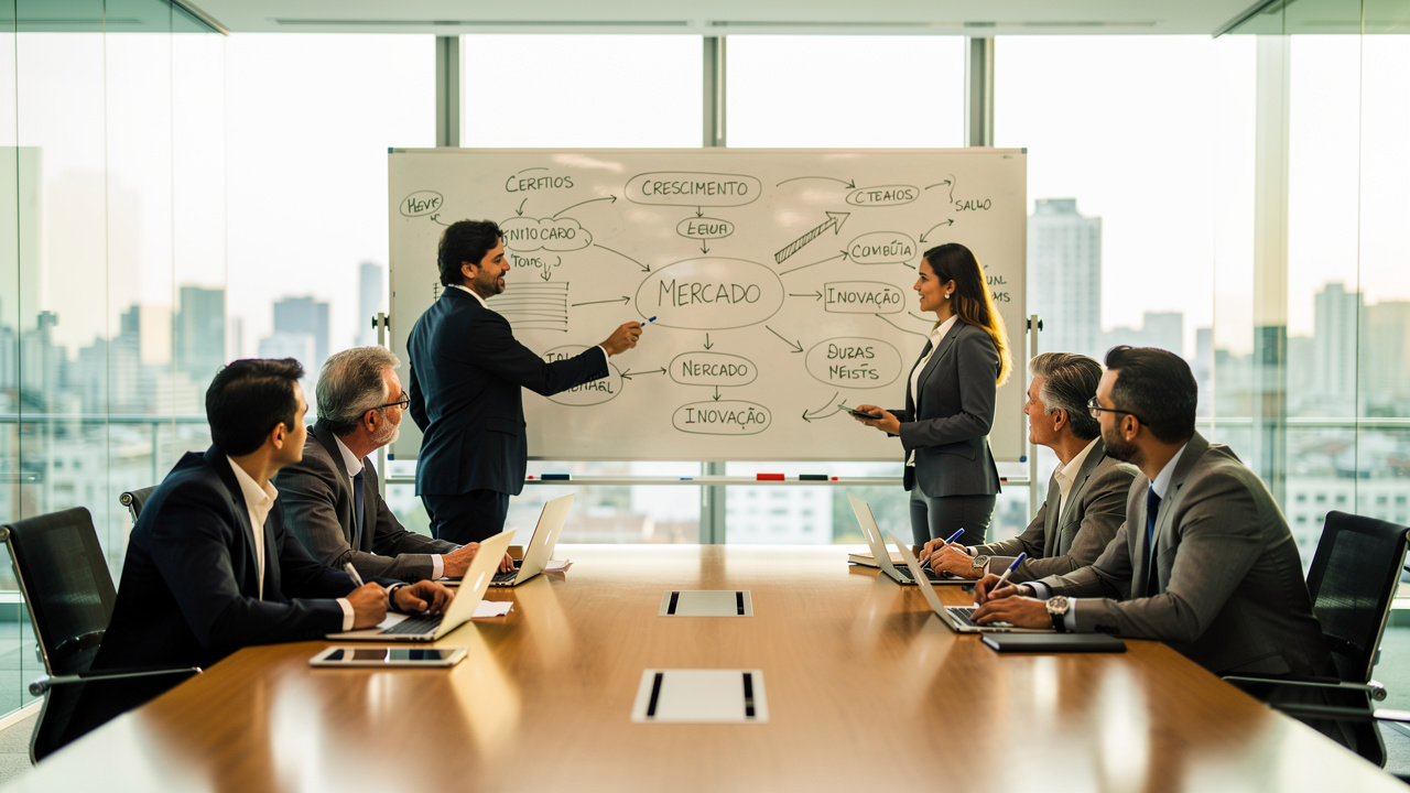 Equipe debatendo estratégia em sala de reuniões com diagramas no quadro branco