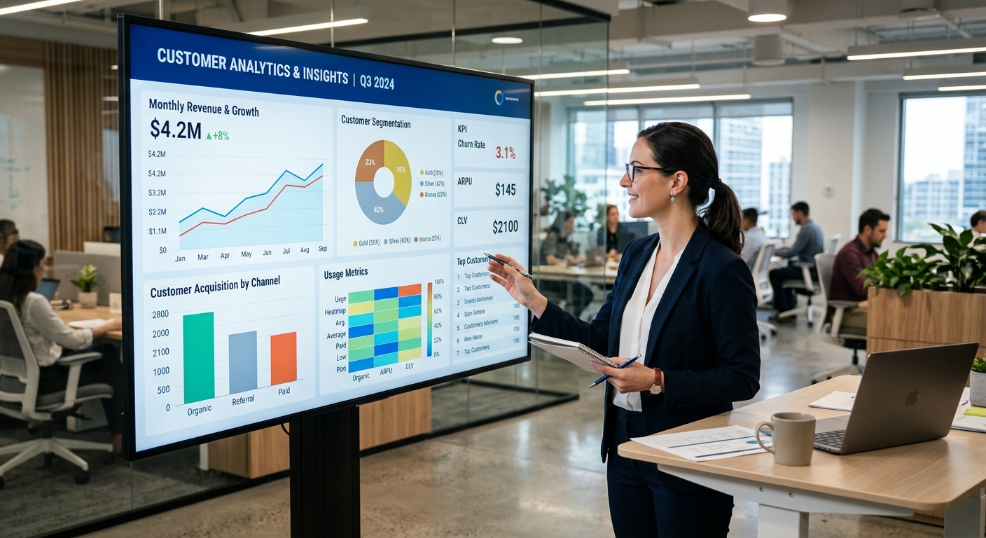 Analista de negócios em escritório moderno olhando um painel digital com gráficos e dados de clientes.