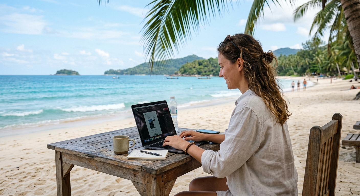 Freelancer trabalhando em uma mesa de praia com vista tropical, usando laptop