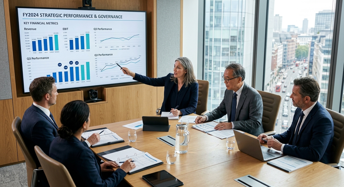Executivos analisando gráficos financeiros em reunião de conselho de administração