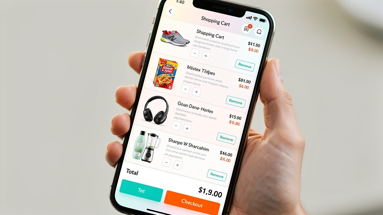 Carrinho de compras em um smartphone exibindo vários produtos de uma loja online com interface clara