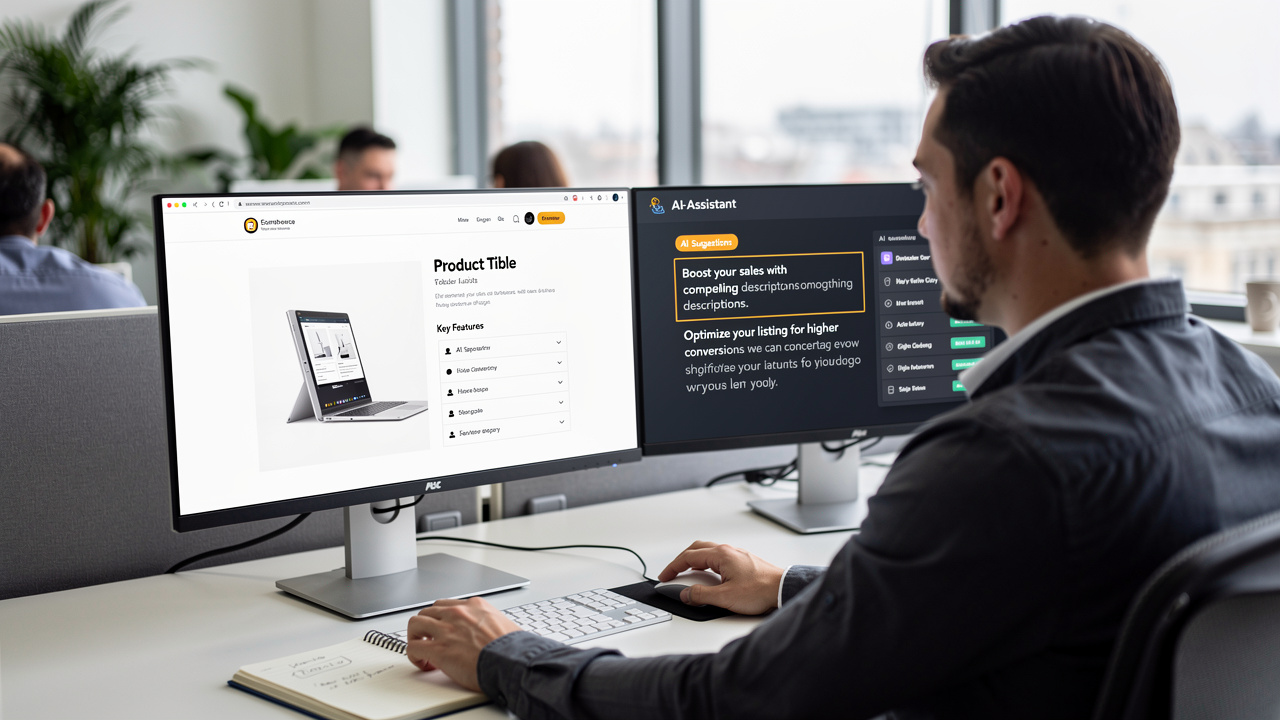 Gerente de e-commerce revisando listagens de produto com sugestões de IA em dois monitores