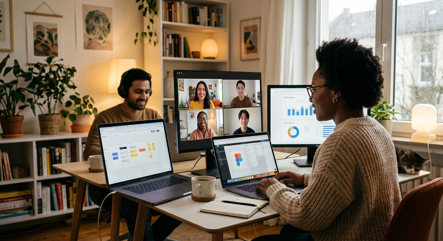 Equipe de marketing colaborando remotamente em um ambiente de escritório caseiro, com diversas ferramentas digitais