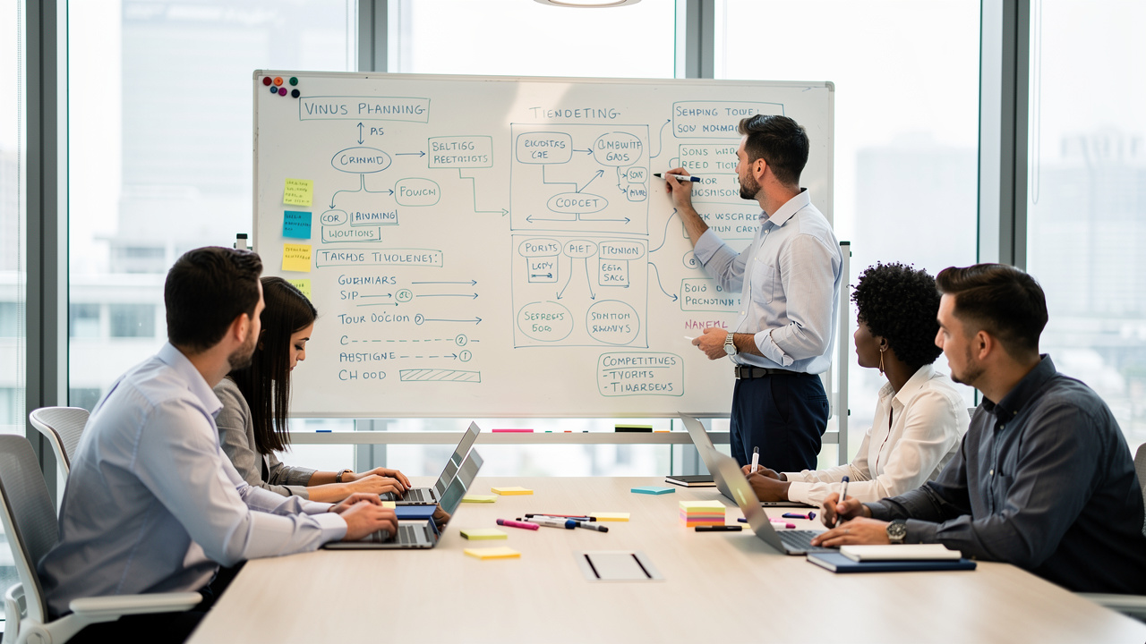 Equipe pequena colaborando em planejamento estratégico com diagramas em quadro branco