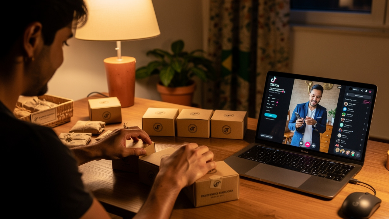 Lojista brasileiro embalando produtos com interface do TikTok aberta no computador ao lado