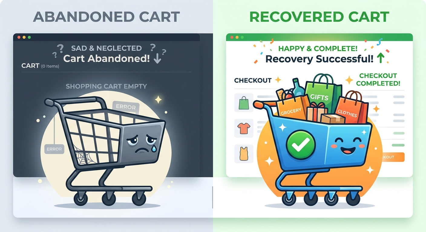 Ícone de um carrinho de compras online abandonado de um lado e um carrinho cheio e feliz do outro.