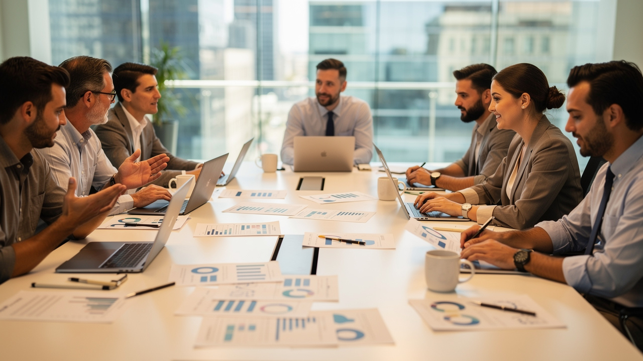 Equipe de marketing discutindo estratégia ao redor de mesa com laptops e relatórios impressos
