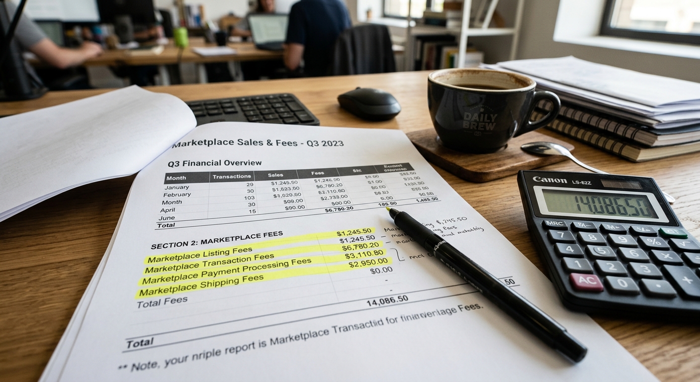 Relatório financeiro com taxas de marketplace destacadas sobre mesa de escritório