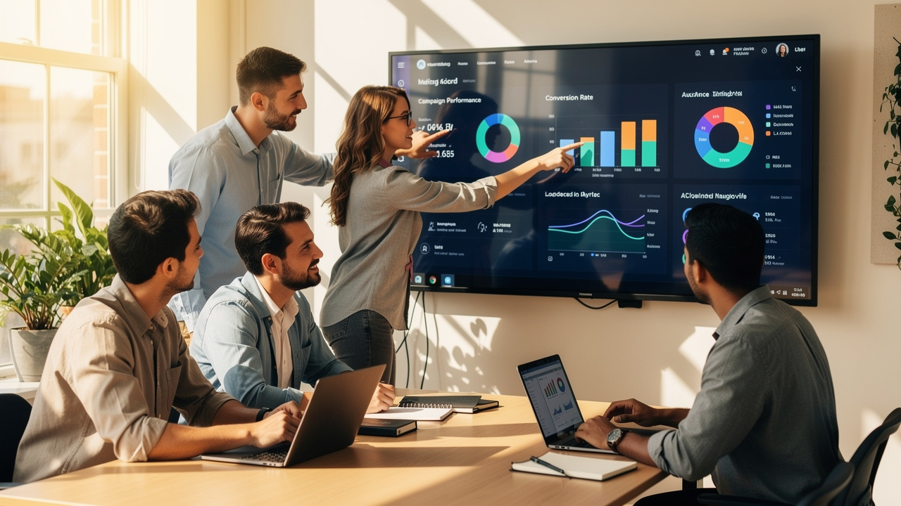 Equipe revisando painel de marketing com inteligência artificial em espaço de coworking