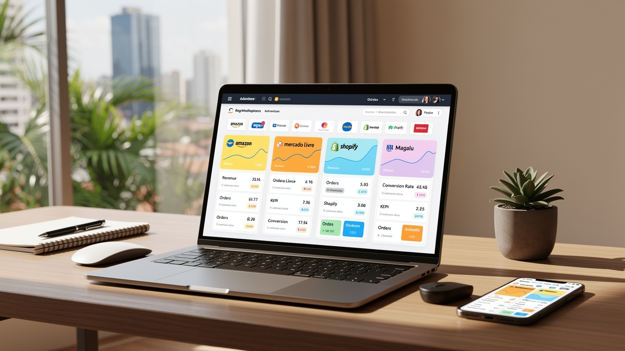 Painel unificado de e-commerce com canais de marketplace integrados na tela de laptop