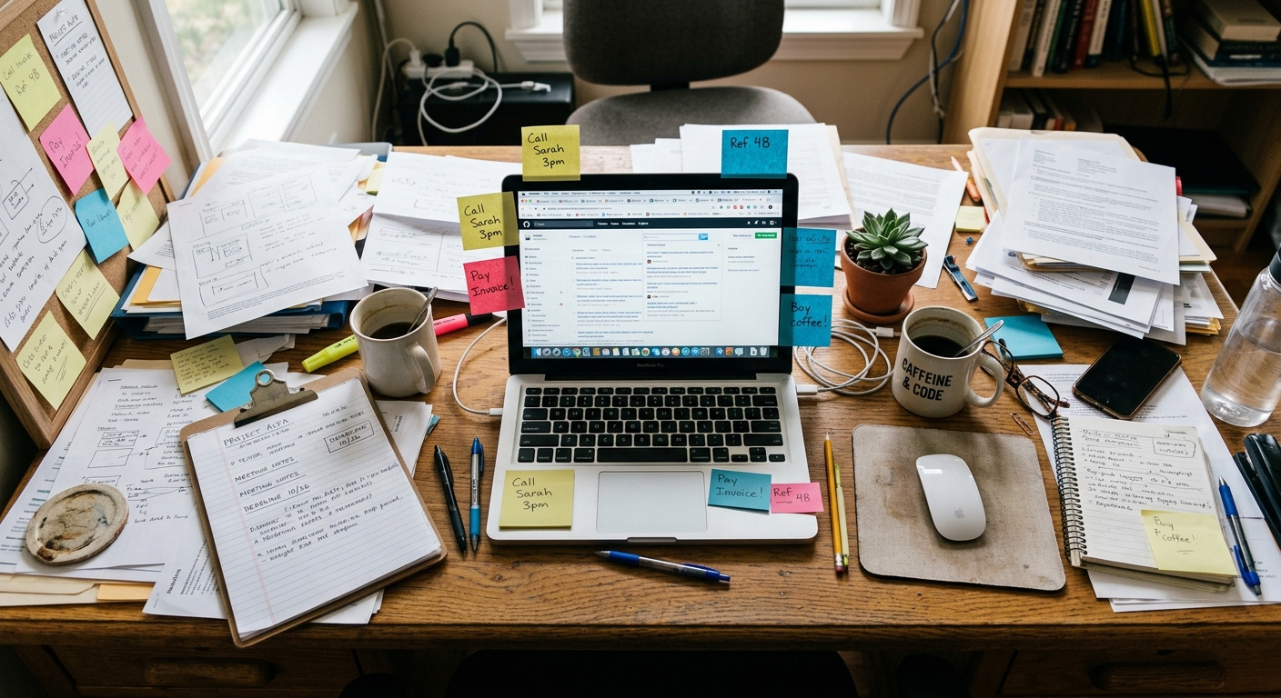 Mesa de escritório desorganizada com papéis espalhados, post-its e várias abas abertas no notebook