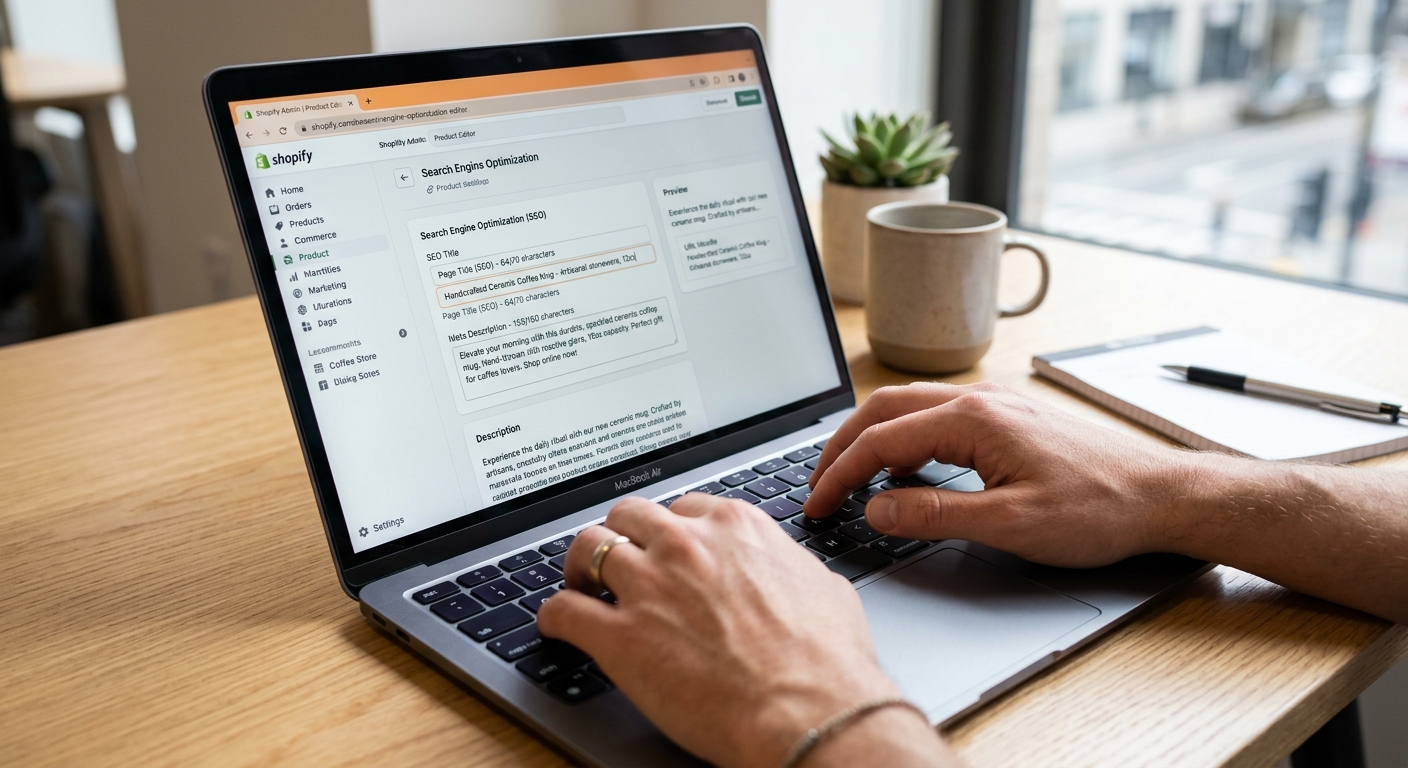 Mãos de uma pessoa editando o título e a descrição de um produto em uma plataforma de e-commerce