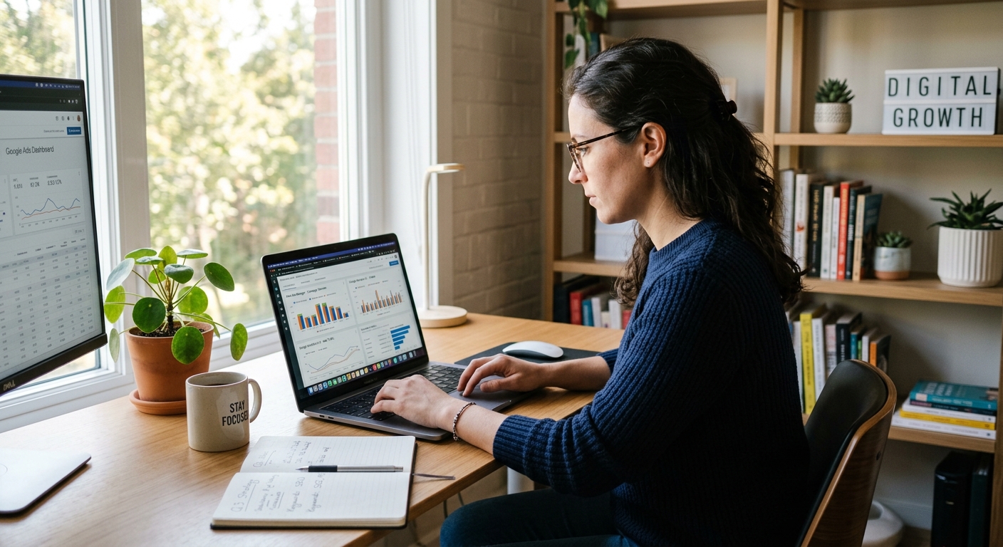 Gestor de tráfego analisando métricas de campanhas pagas em home office iluminado