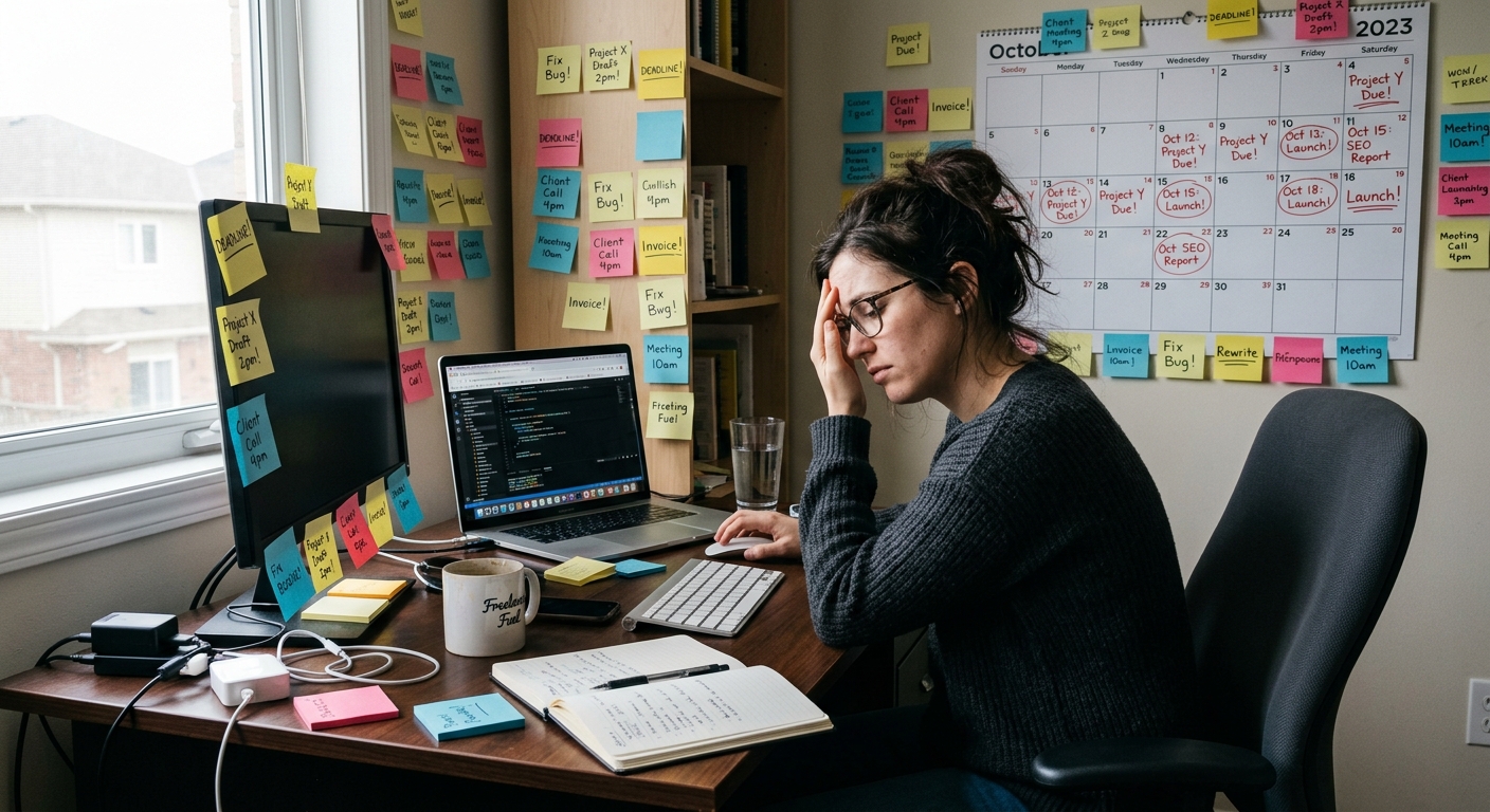Freelancer estressado em mesa com calendário lotado e notas adesivas ao redor
