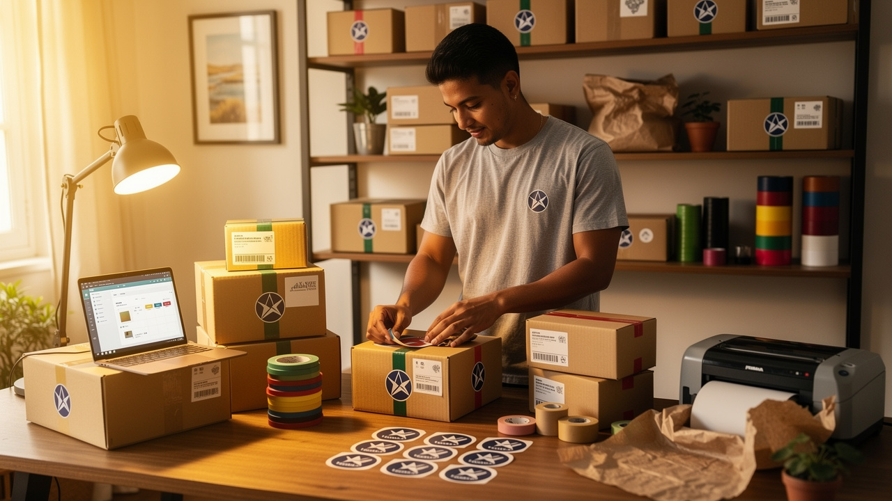 Empreendedor organizando embalagens com identidade visual consistente em home office com luz quente