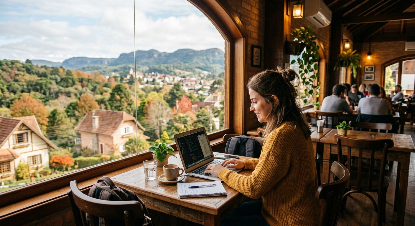 Freelancer trabalhando em um café aconchegante em Gramado com vista bonita