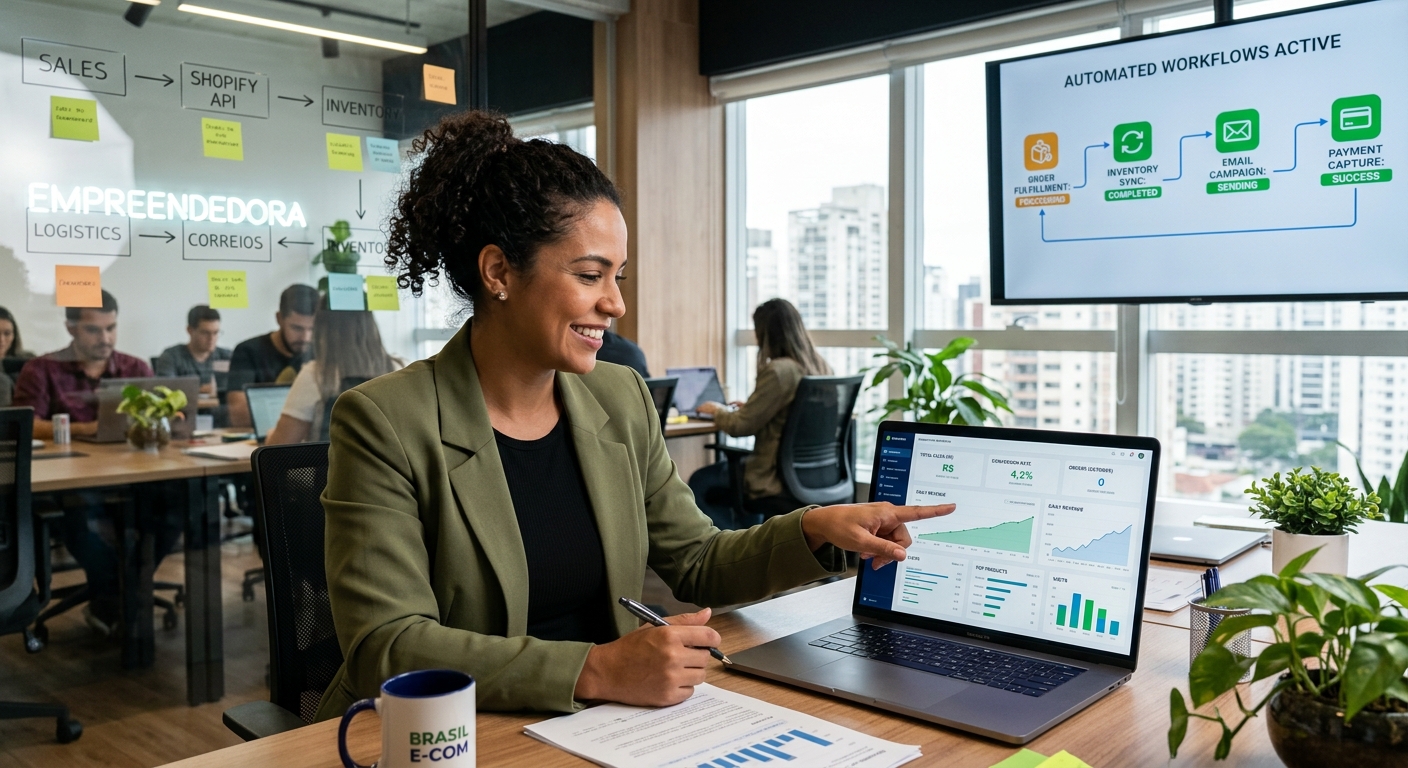 Empreendedora de e-commerce confiante analisando dashboard de automação com dados consolidados de múltiplos marketplaces