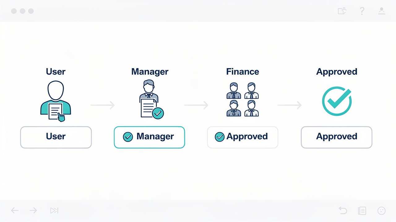 Diagrama de um fluxo de aprovação B2B com ícones de requisitante, gestor e departamento financeiro.