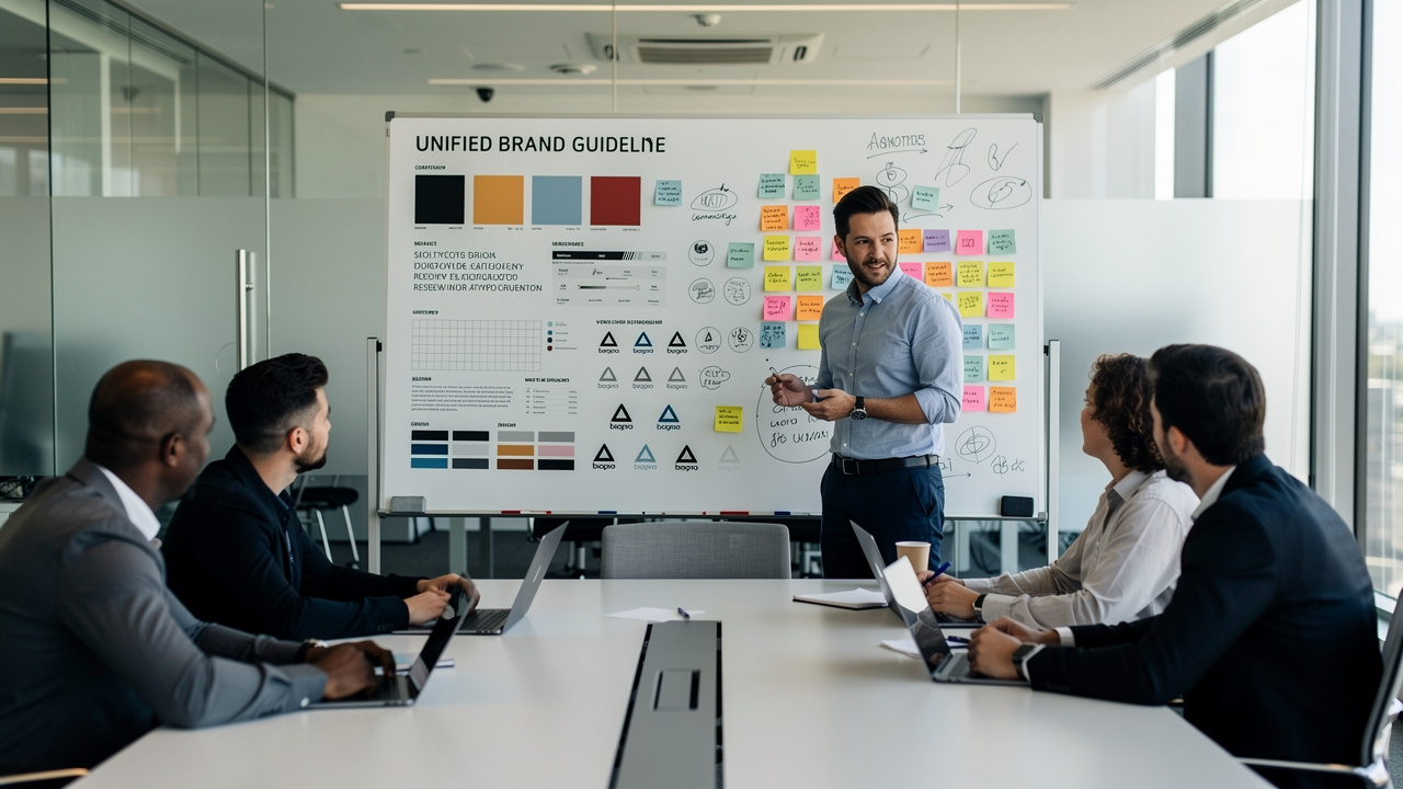 Estrategista de marca apresentando guia de identidade para equipe em reunião de trabalho
