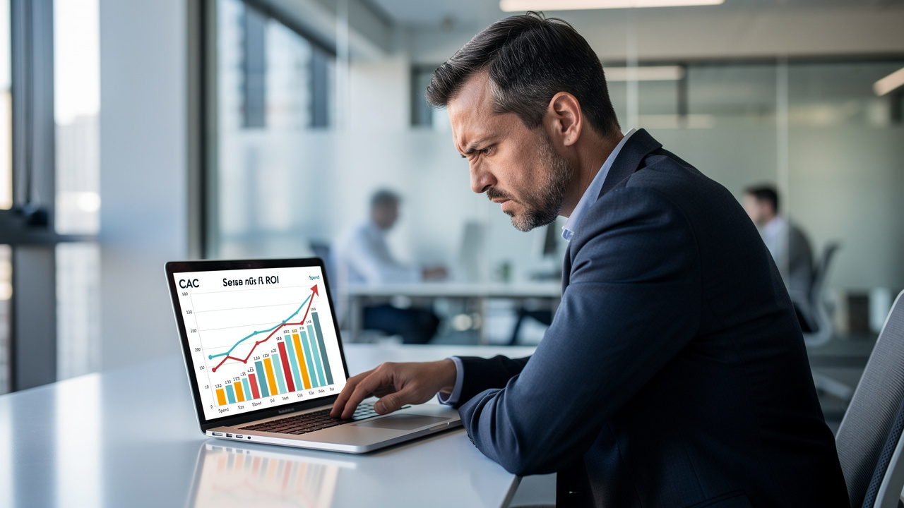 Diretor de marketing analisando gráfico de CAC alto em laptop em escritório moderno