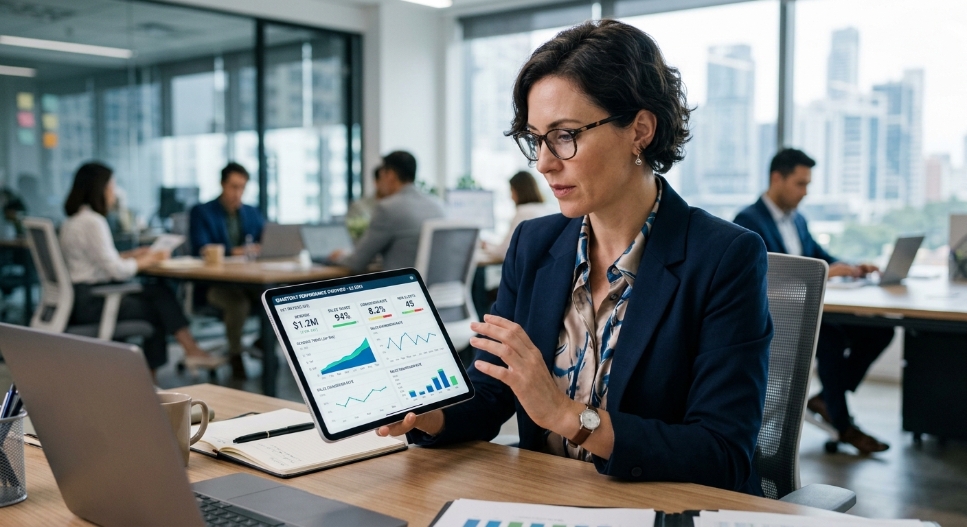 Gestor revisando painel de métricas de desempenho trimestral em tablet em ambiente corporativo