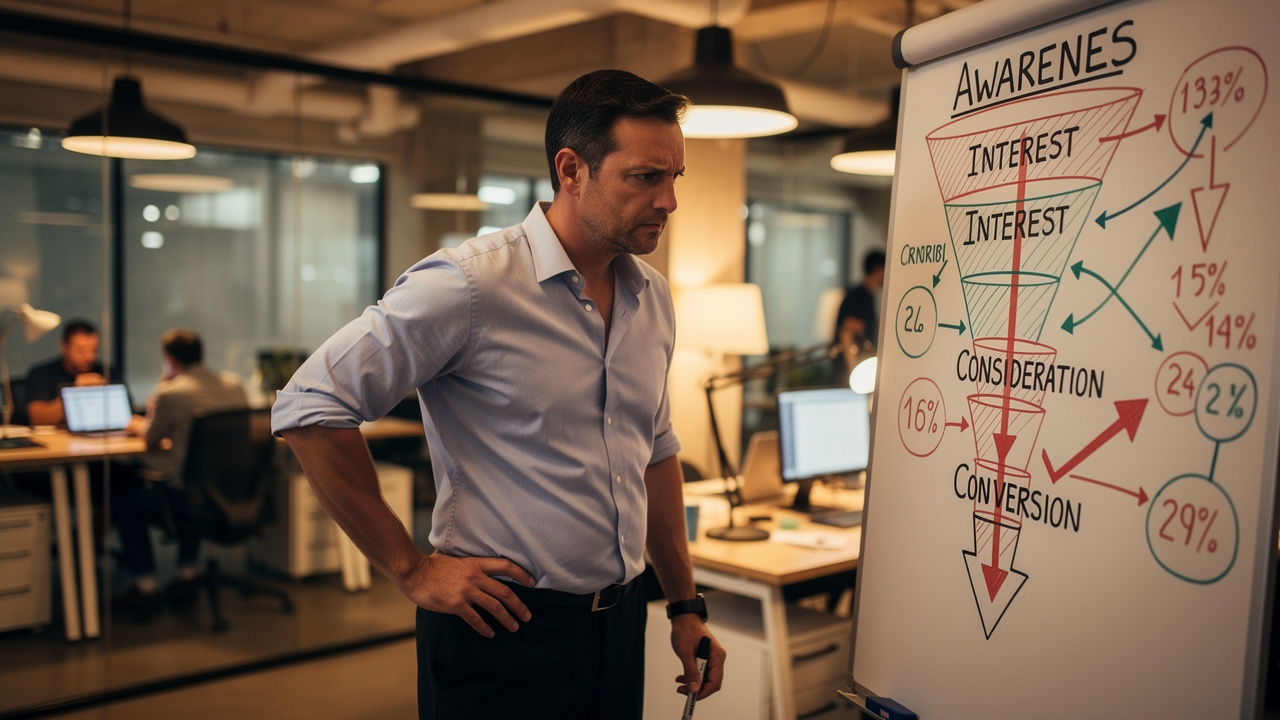 Gestor de vendas frustrado analisando funil de marketing em quadro branco de escritório