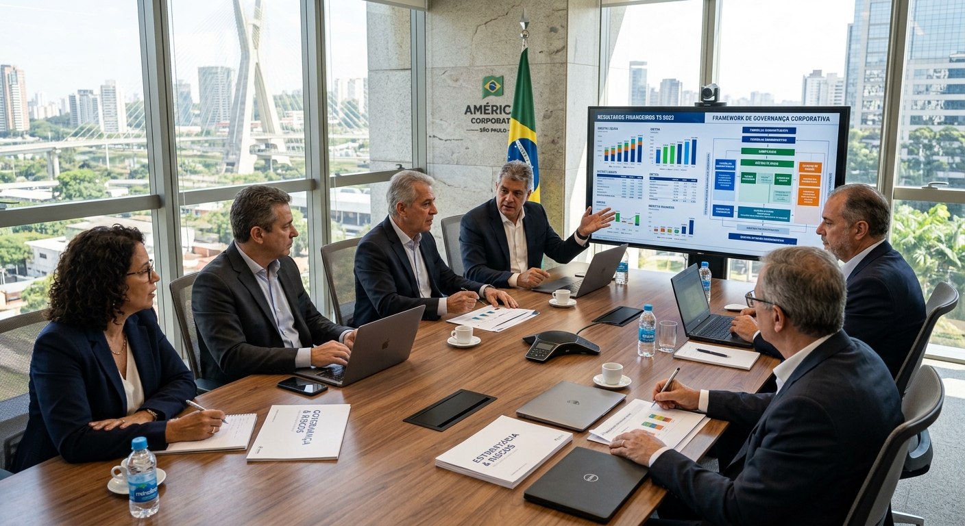 Executivos sênior em sala de reunião moderna analisando gráficos financeiros e estruturas de governança