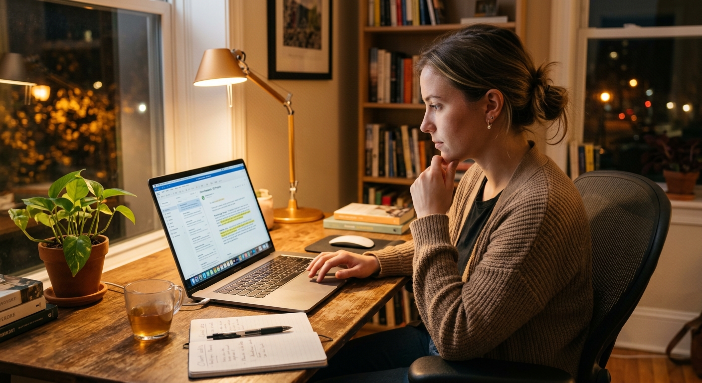 Freelancer analisando feedback de clientes no laptop em ambiente de trabalho moderno