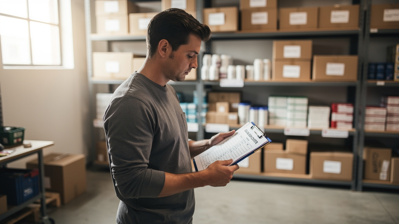 Empreendedor revisando checklist de qualidade de produto em armazém organizado com luz natural