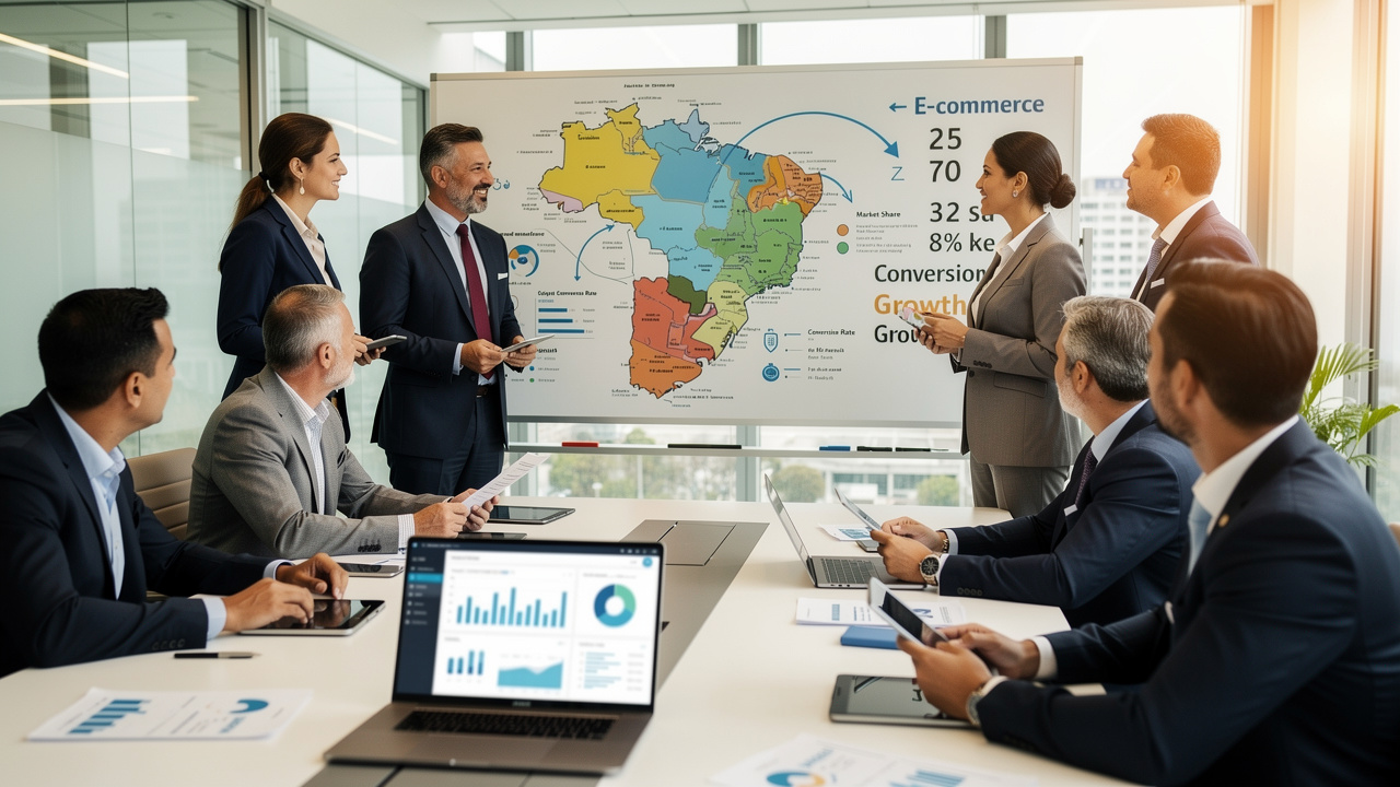 Equipe comercial de indústria brasileira planejando estratégia de vendas digitais com mapa regional